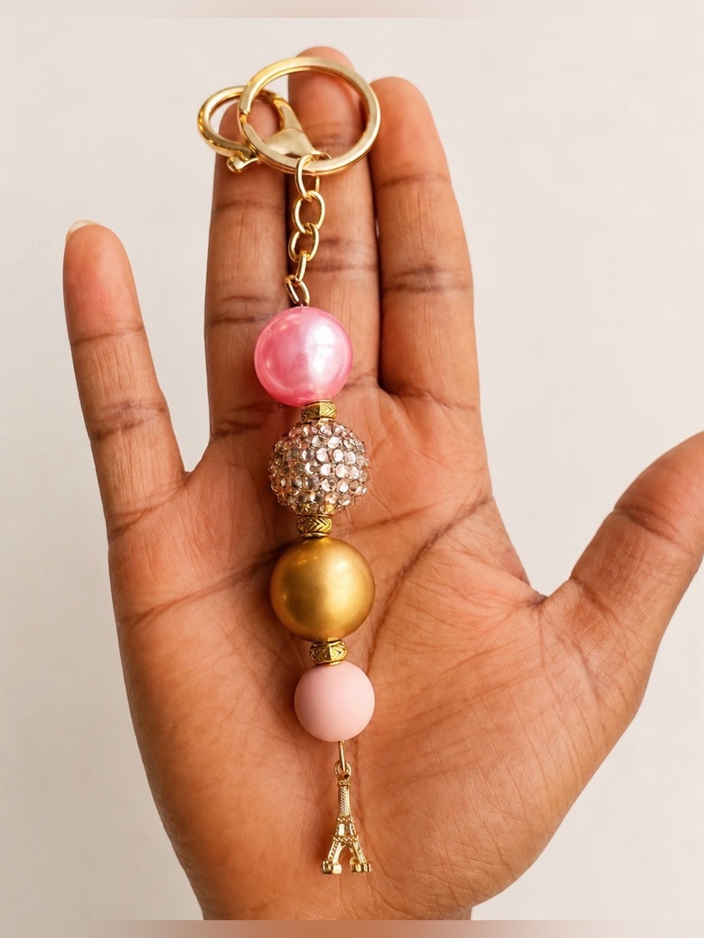 Handcrafted Pink & Gold Beaded Keychain with Eiffel Tower Charm